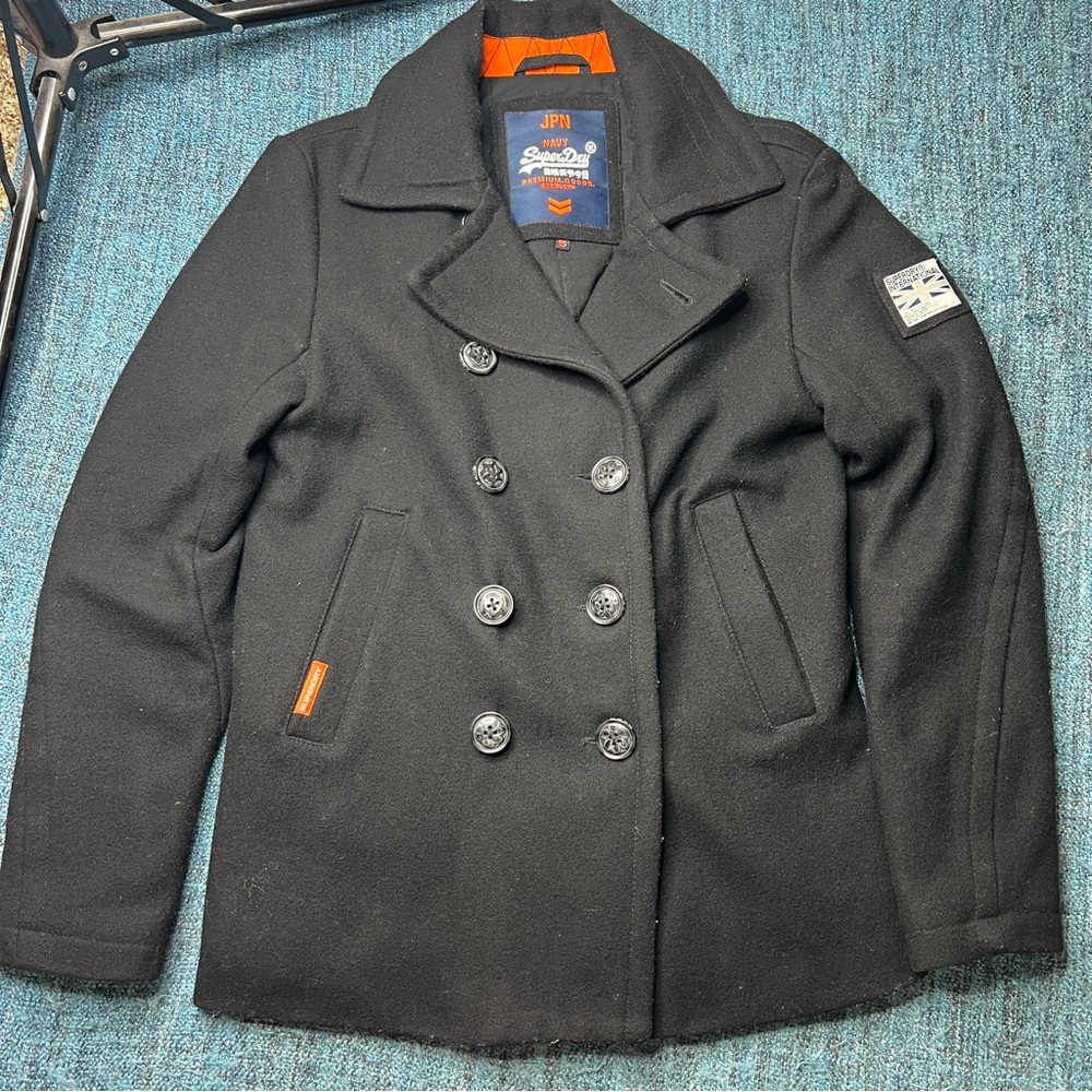 Superdry Internationl The Rookie Peacoat Wool Blend Double Breasted in Black